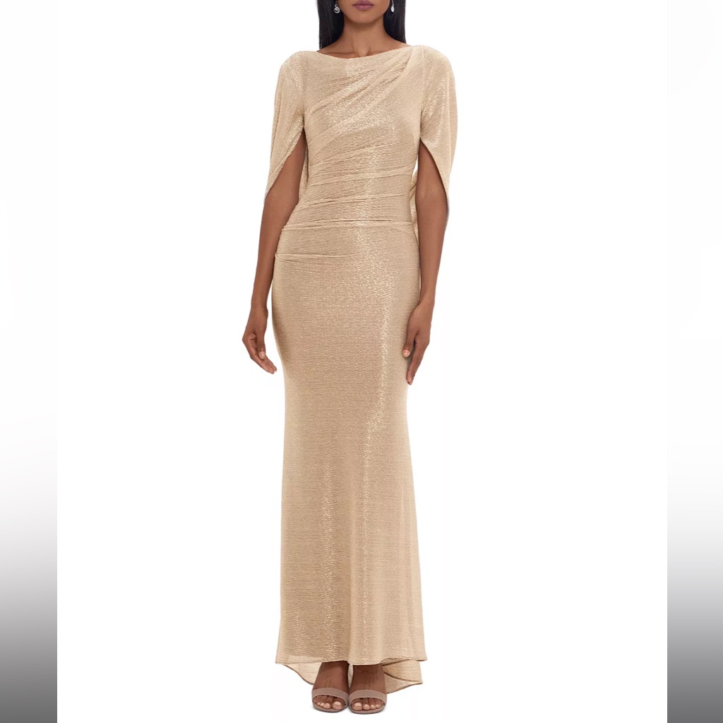 Betsy & Adam Metallic Cape Gown